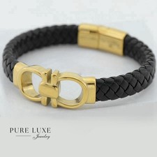 Men's,Stainless Steel 8.5" Black Braided Leather Magnetic Bracelet BOX