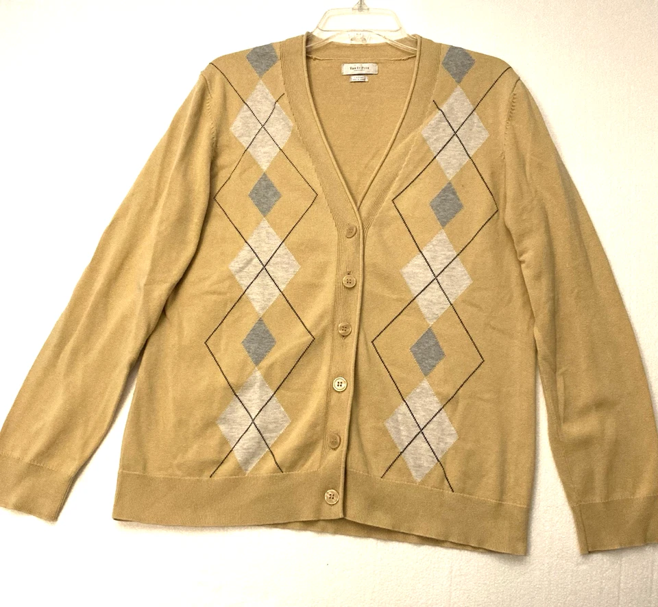 Cárdigan suéter para mujer Van Heusen talla grande tostado argyle cuello en V preppy Foto 2 de 4
