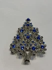 Vtg Signed Eisenberg Ice Christmas Tree Brooch Silver Tone Blue Rhinestones 2"