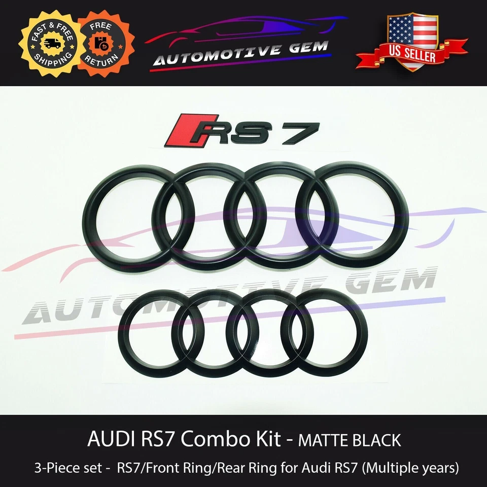 NUEVO AUDI RS7 Emblema NEGRO BRILLANTE Parrilla Delantera Trasera Maletero Anillo Insignia Set 2014-2021 Foto 2 de 2