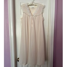 Vintage Lorraine Pink Lace Trim Rosette Sleeveless Midi Nightgown Womens Size L