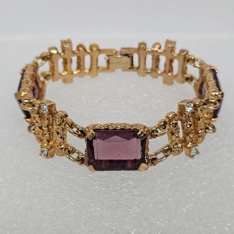 Brazalete vintage Sarah Coventry crepúsculo púrpura cristal amatista estrás 1973 Foto 2 de 4