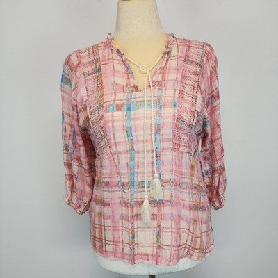 Sharagano Womens Plaid Ruffle Blouse Size S Pink Abstract Smocked V-neck Tassel
