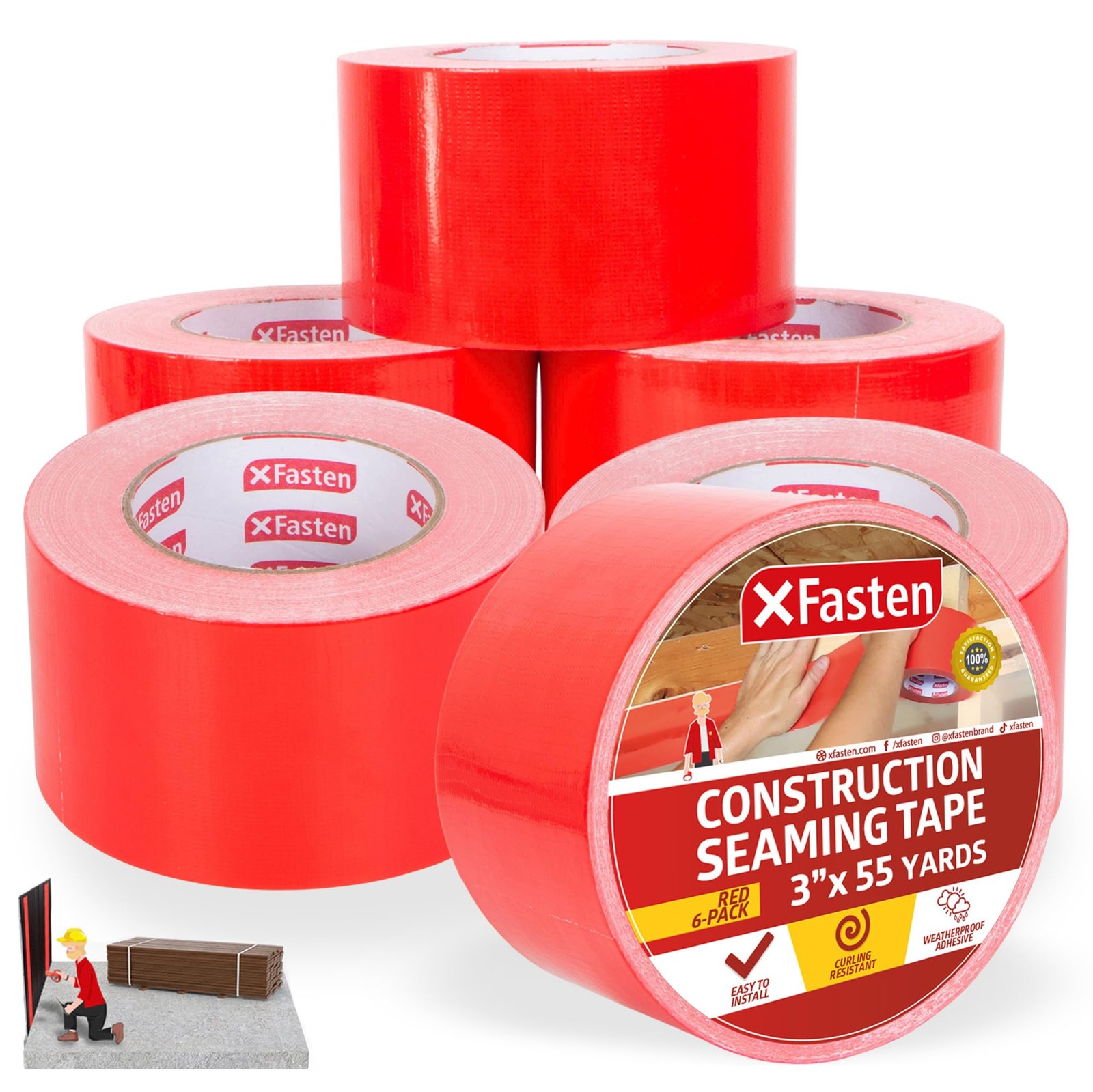 Construction Seaming Tape Red 3”x55Yds (6-Pack, 990Feet Total) Sheathing Tape...