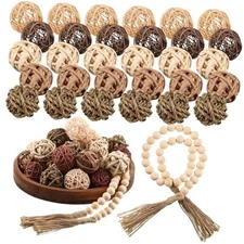 31 Pcs Wicker Rattan Decorative Balls with 30.3 Inch Wood Bead Garland 