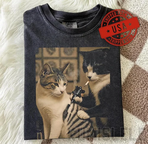 Retro Cat Tattoo Meme Comfort Tee Funny Vintage Animal Lover Gift - product listing photo
