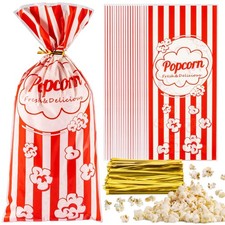 100 Popcorn Bags Plastic Retro Red White Striped Snack Party Movie Night Bulk