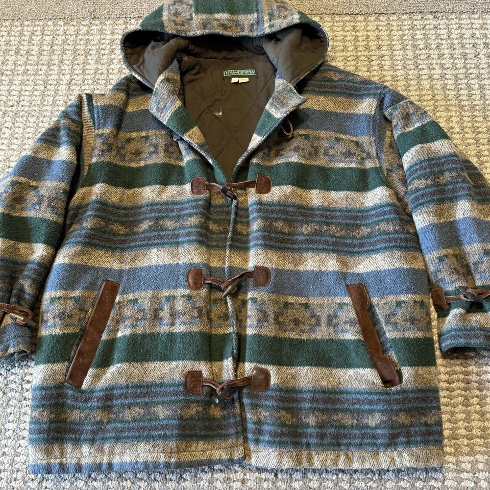 Abrigo de Lona Vintage Nuevo Crew Hecho en EE. UU. Lana Toggle Para Hombre’s L Con Capucha Azteca Rayas Foto 3 de 4