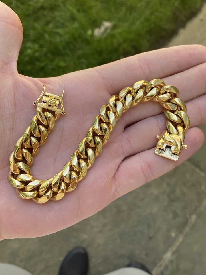 Brazalete Miami Cuban Link Oro 18k Vermeil Acero Inoxidable Para Hombre Hip Hop 14mm Cierre de Caja Foto 3 de 4