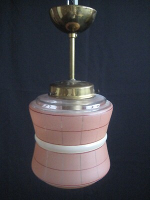 Art Deco Stab-Pendelleuchte Deckenlampe Glasschirm Messingaufhängung # 30er 40er