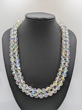 Vintage Double Strand Aurora Borealis Crystal Necklace Prong Set AB Clasp Choker