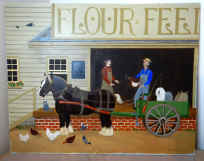 NAIVE FOLK ART OIL PAINTING   FLOUR AND FEED BY R SELLENTIN  1993     P 385