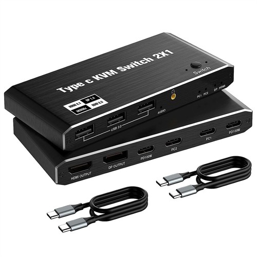 2x1 8K USB C KVM Switch 3.5mm 100W PD Charge Type C KVM Switch Share Accessories - Photo 2/13
