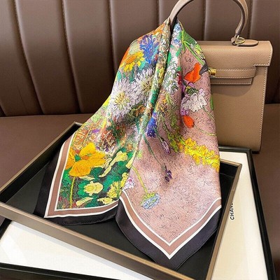 100% Mulberry Silk 27'' Square Scarf Women Neckerchief Bandana Oil Paiting Flower