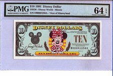 1991 D $10 Disney Dollars PMG Graded 64 EPQ DIS26 MINNIE MOUSE Rare High Grade