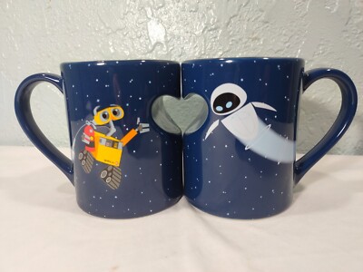 Disney Pixar Wall e and Eve Love Mugs Blue Starlight Heart Shaped Cutout