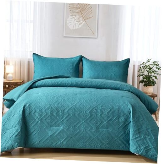 Comforter Set Size(90“×90”), Boho Geometric Textured Bedding Queen Teal-image