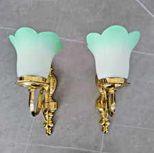 Pair of Vintage Brass Wall Single Sconce Lights With Light Green Glass Shades