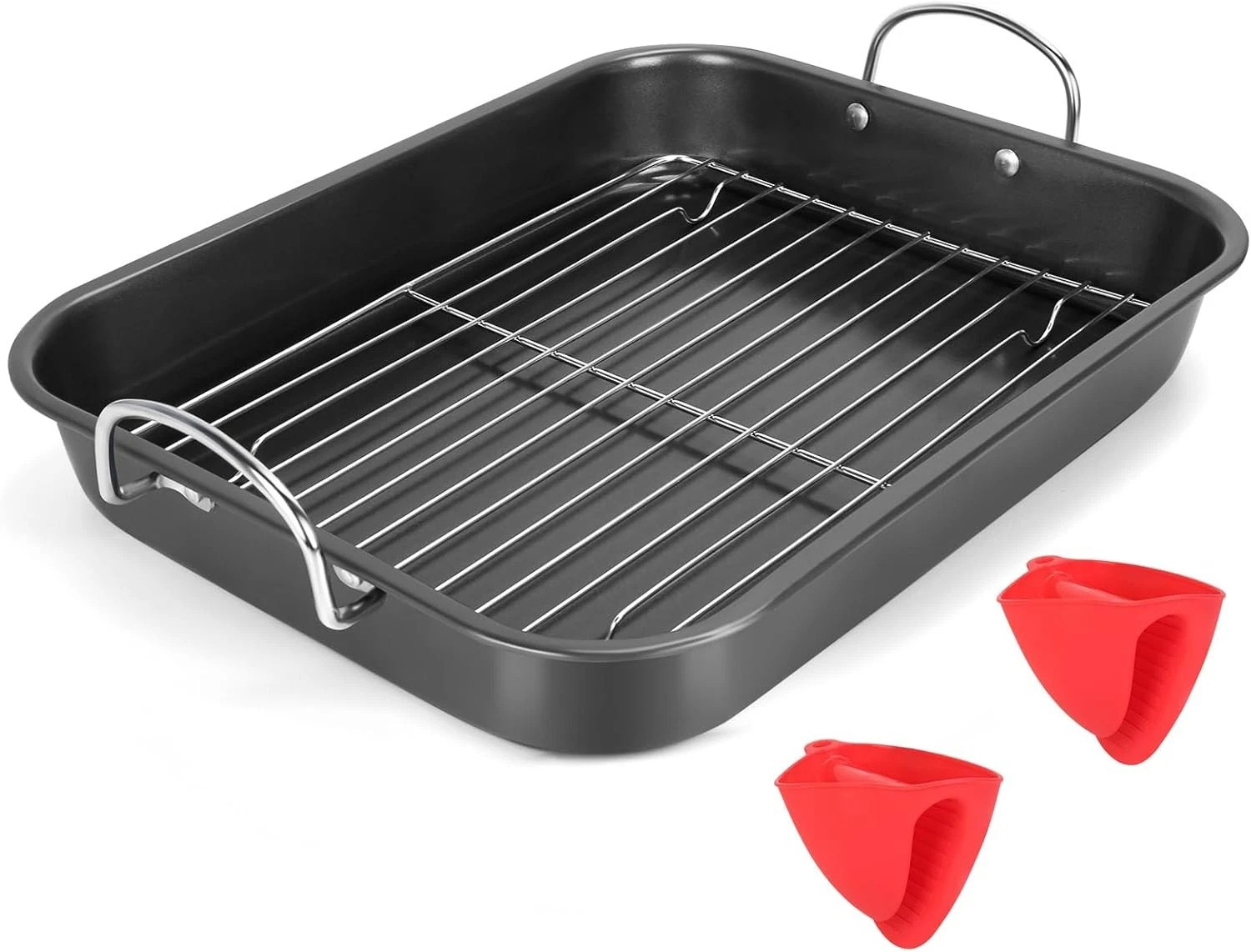 Nonstick Roasting Pan with Rack and Handle, 14.5x11.4 Inch Oven Safe Baking Pan