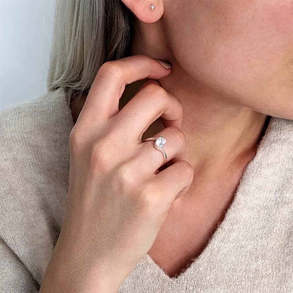 Silverly Anello Di Fidanzamento Argento 925 Zirconia Cubica Ovale Brillante - Immagine 2 di 4