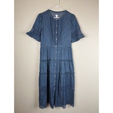 GAP x LoveShackFancy Dark Wash Denim Lace Trim Full Button Tiered Midi Dress S