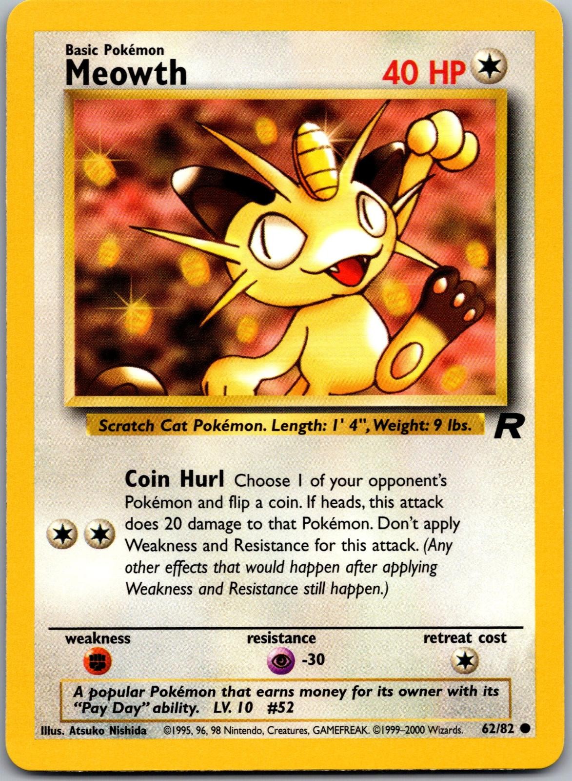 Meowth 62/82 Common Team Rocket Pokemon Near Mint