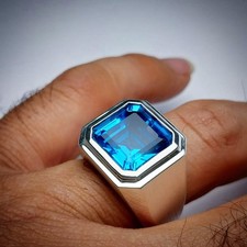 Natural Blue Topaz 925 Sterling Silver Men's Ring
