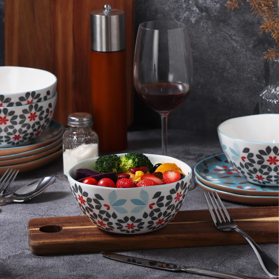 Juego de vajilla Lorren Home Trends floral de porcelana de hueso, 12 piezas azul rojo gris Foto 4 de 4