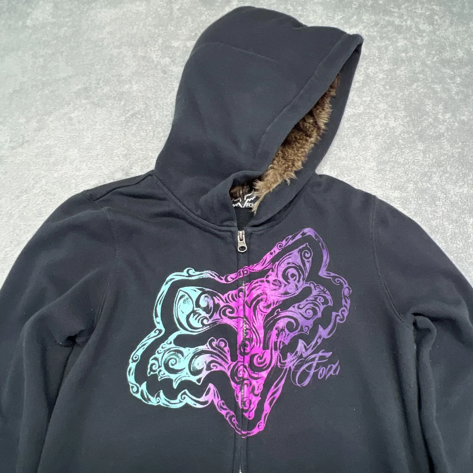 Sudadera con capucha Fox Racing para mujer cremallera completa L negra forrada de piel sintética capucha púrpura verde azulado logotipo Foto 2 de 4