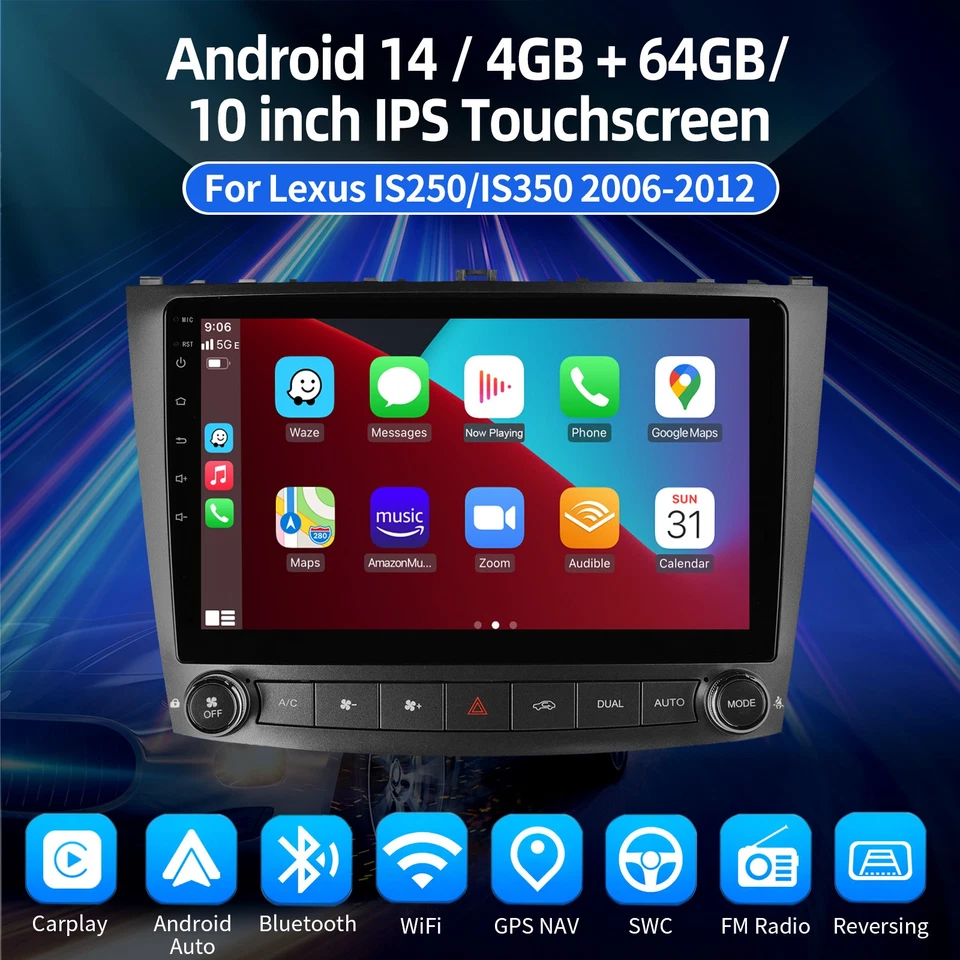Radio estéreo para automóvil GPS + CÁMARA para Lexus IS250 IS350 2006-2012 Android 14 CarPlay Foto 3 de 4