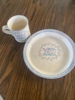 Three Rivers Pottery 1991 Ohio Amy Baby Set Bunny Rabbit Sheep Cup And Plate