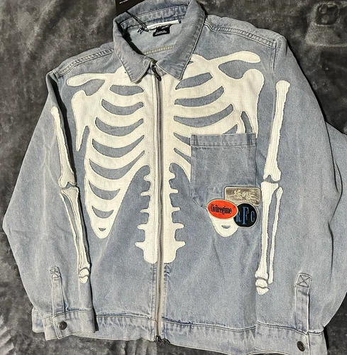 Civil Regime Men's Blue Denim Jean Jacket Skeleton Graphic  Size L (USED) - product listing photo
