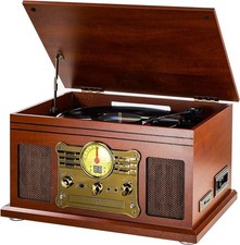 FEKTIK 10 in 1 Bluetooth Vinyl Record Player Turntable CD Cassette FM Mahogany