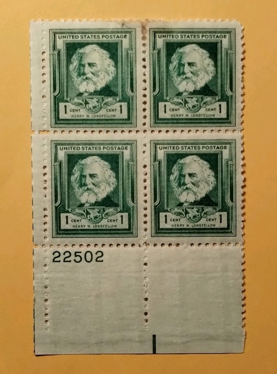 United States Henry W. Longfellow 1¢ Green Plate Number Block of 4 Mint Hinged