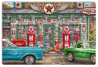 Freds Service Station Metal Sign by Artist Michael Fishel - 12'' x 18''