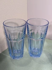 2 Vtg Libbey Duratuff Gibraltar Misty Blue 6.5” Paneled Tumblers Ice Tea Glasses