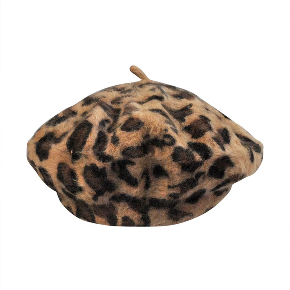 Women Khaki French Style Leopard Print Beret Beanie Hat Wool 