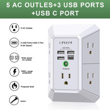 Wall Charger, Surge Protector, 5 Outlet Extender with 4 USB Charging Ports ...
