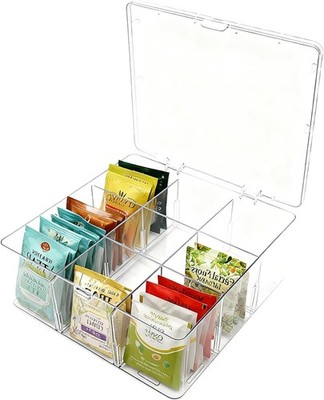 Acrylic Tea Bag Organizer with Lid, 9-Grid Clear Storage Box with Removable