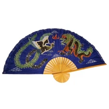 Blue Pheasant Dragon Fan 60" Mid Century Hand Painted Large Wall Hanging Vintage