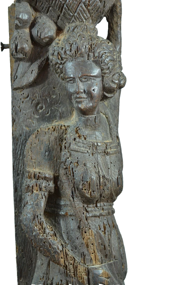 Ancienne paire de Caryatides 16ème Renaissance bois sculpté femmes lévrier aigle - Photo 3/4