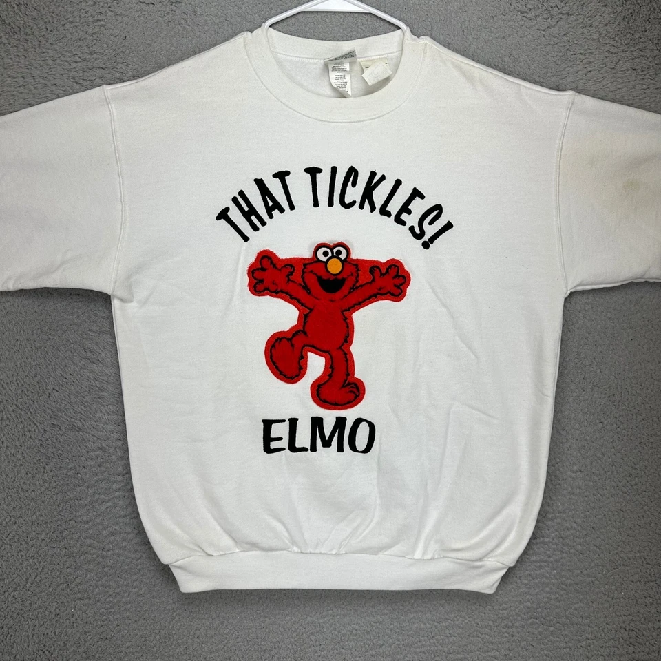 VINTAGE Sesame Street Sweater Unisex Large White Tickle Me Elmo Crew Sweatshirt - image 2 of 4