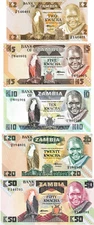 Zambia Set 2 - 25 - 10 - 20 - 50 Kwacha, 1986-1988 ND, Uncirculated, 5 note set