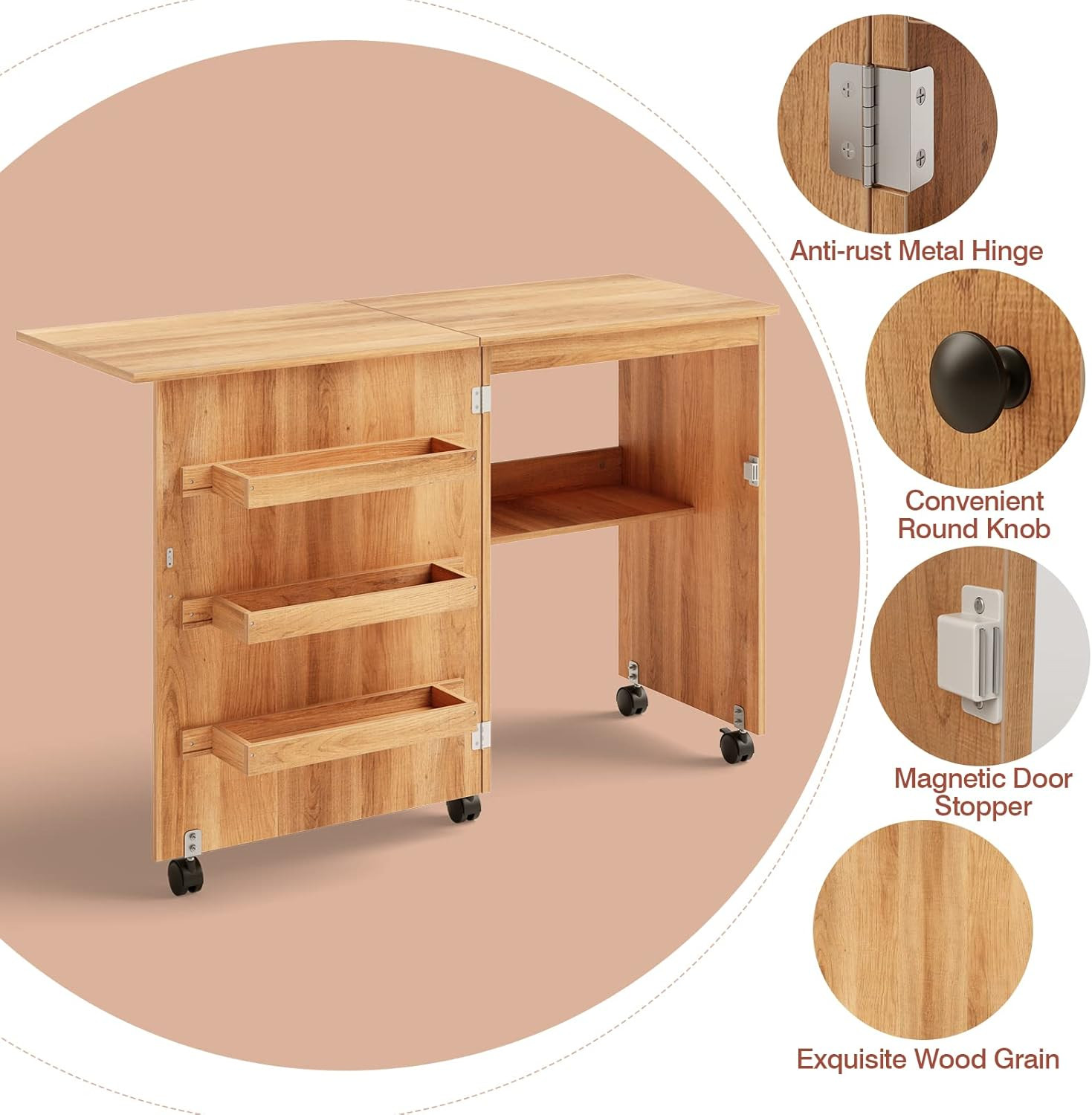 Folding Sewing Craft Table, Sewing Cabinet with 3 Storage Bins and Shelf, Rollin