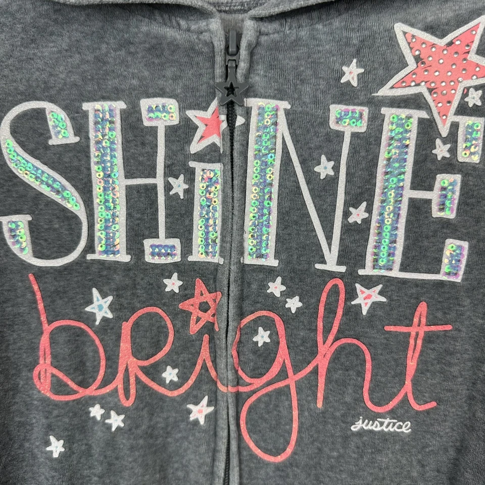 Justice Hoodie Jacket Girls 14 Zip Up Shine Bright Hood Sequin Star Gray Blue DF - Image 4 of 4