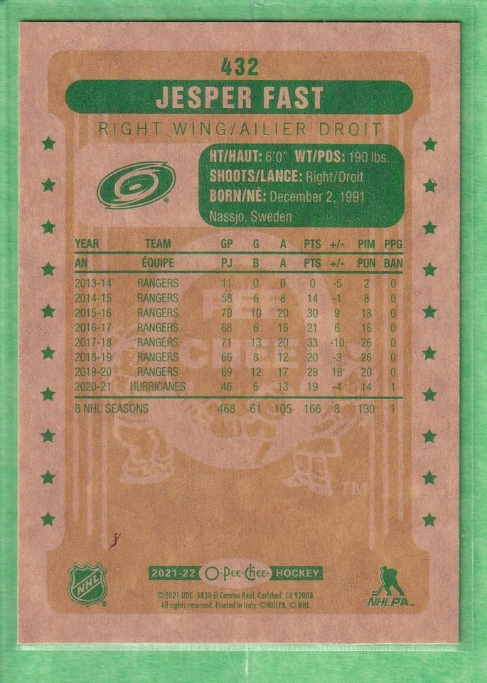 2021-22 O-Pee-Chee Retro #432 Jesper Fast Carolina Hurricanes - Image 2 of 2