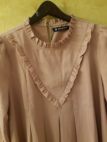NWT Allegra K sz M Blush 3/4 sleeve elastic ruffle neck sheath dress - Picture 3 of 6