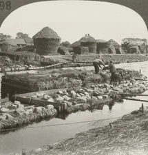 Keystone Stereoview Retting Flax, Courtrat, Belgium of 10's Education Set #398 B