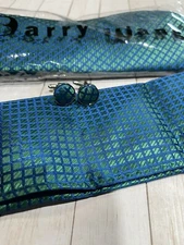 Barry Wang Men's Silk Plaid Tie Pocket Square Cufflinks Georgeous Blue Green