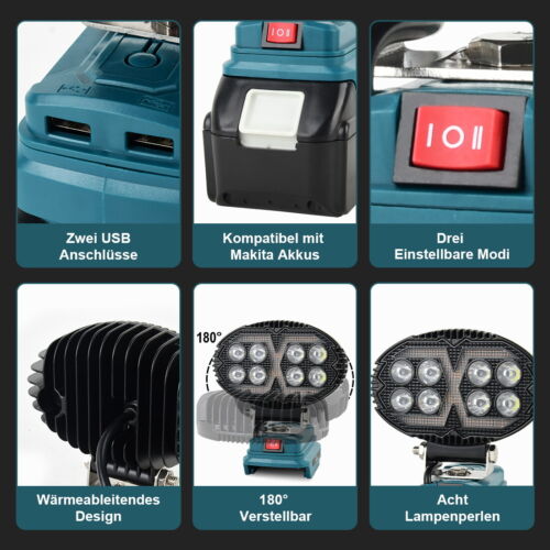 LED Arbeitsleuchte Taschenlampe 6000K Für Makita Li-ion Akku 18V Strahler Licht - Bild 13 von 25